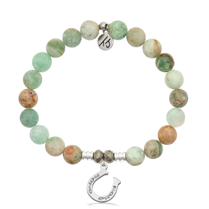 Green Quartz Gemstone Bracelet with Lucky Horseshoe CZ Sterling Silver Charm