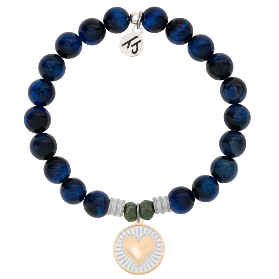 Lapis Tiger's Eye Gemstone Bracelet with Heart of Gold Sterling Silver Charm