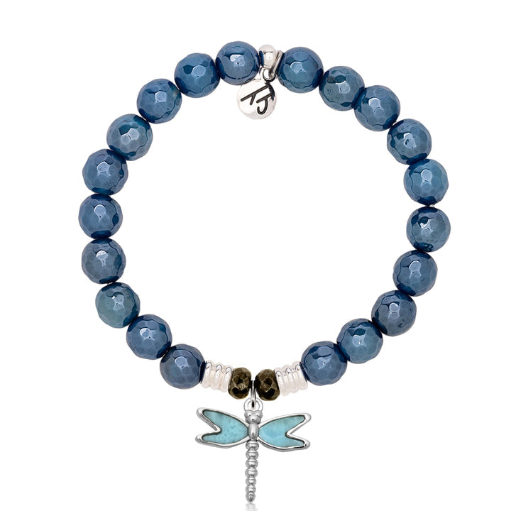 Blue Agate Gemstone Bracelet with Larimar Dragonfly Sterling Silver Charm