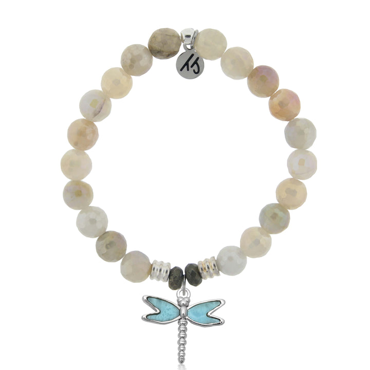 Moonstone Gemstone Bracelet with Larimar Dragonfly Sterling Silver Charm