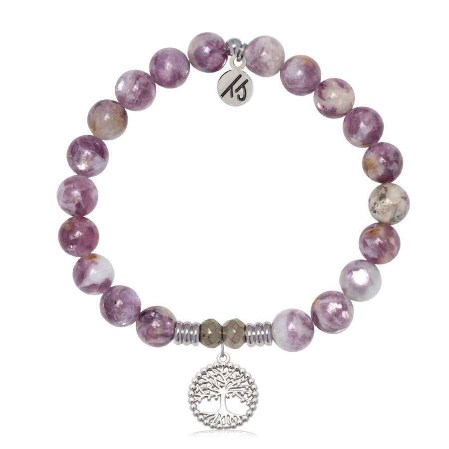Lepidolite Quartz Gemstone Bracelet with Family Tree Sterling Silver Charm