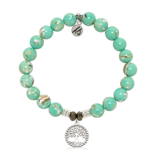 Green Shell Gemstone Bracelet with Family Tree Sterling Silver Charm