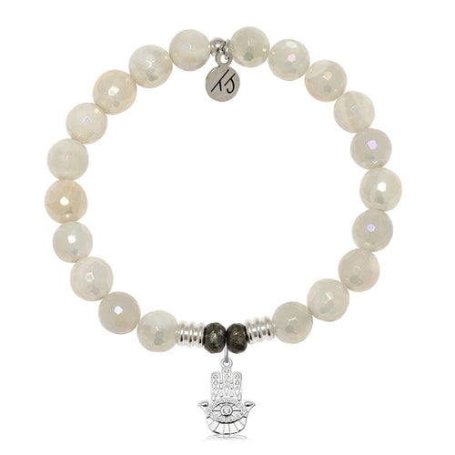 Moonstone Gemstone Bracelet with Hamsa CZ Sterling Silver Charm