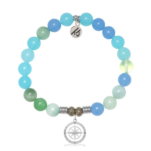 Multi Blue Jade Gemstone Bracelet with Compass Rose Sterling Silver Charm