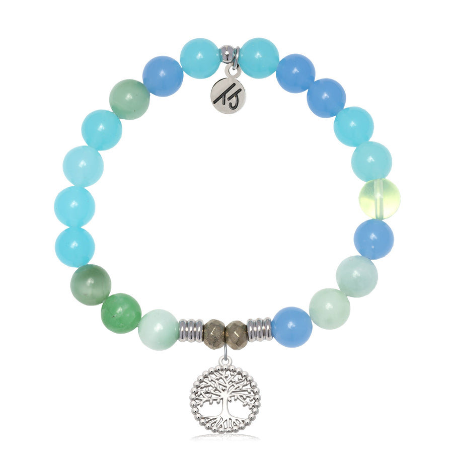 Multi Blue Jade Gemstone Bracelet with Family Tree Sterling Silver Charm