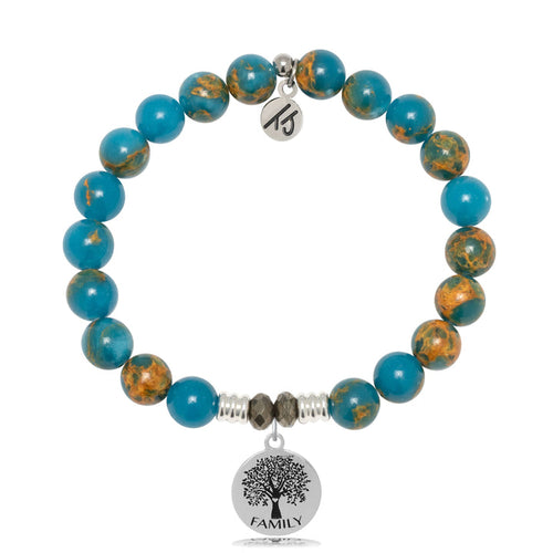 Ocean Jasper Gemstone Bracelet with Family Tree Circle Sterling Silver Charm