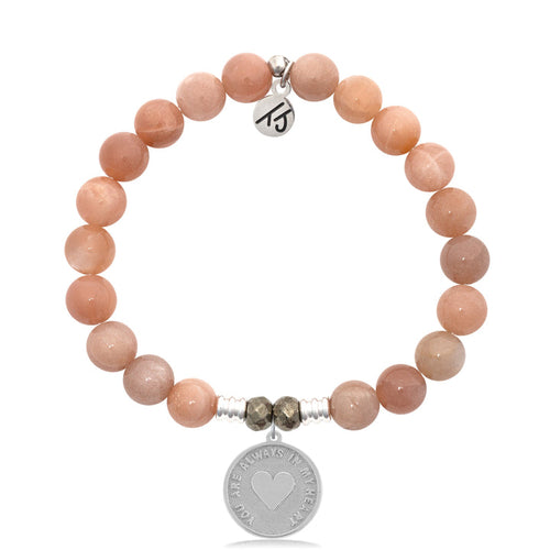 Peach Moonstone Stone Bracelet with Always in My Heart Sterling Silver Charm