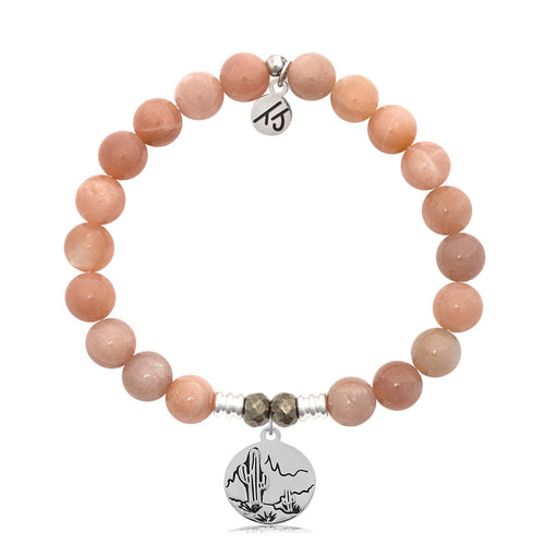 Peach Moonstone Stone Bracelet with Cactus Sterling Silver Charm