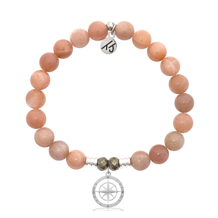Peach Moonstone Stone Bracelet with Compass Rose Sterling Silver Charm