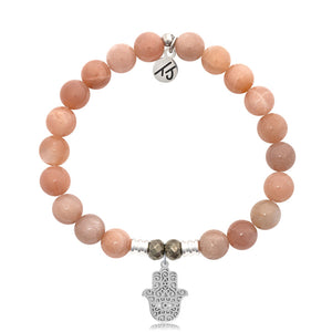 Peach Moonstone Stone Bracelet with Hamsa Sterling Silver Charm