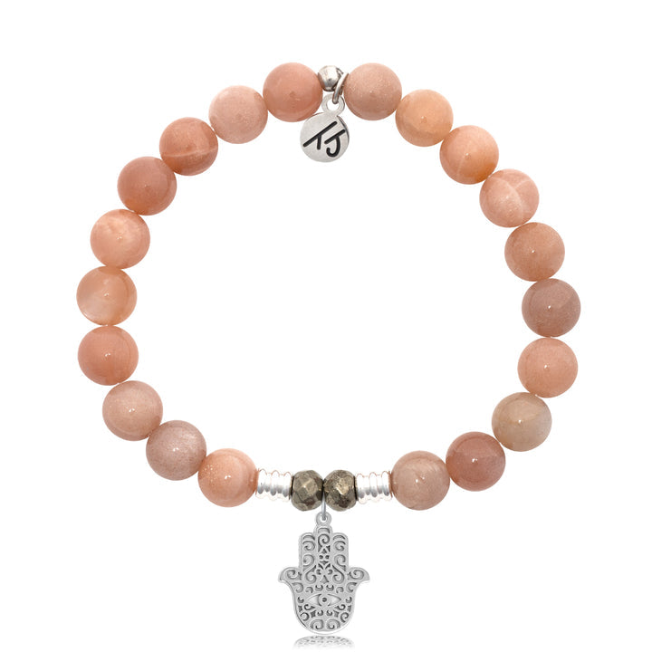 Peach Moonstone Stone Bracelet with Hamsa Sterling Silver Charm