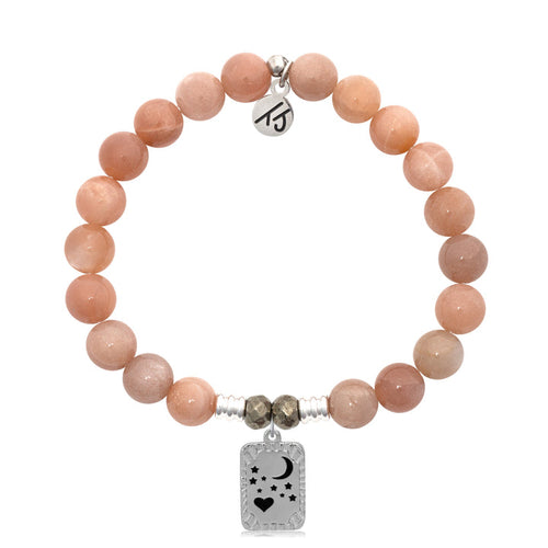 Peach Moonstone Stone Bracelet with Moon and Back Sterling Silver Charm
