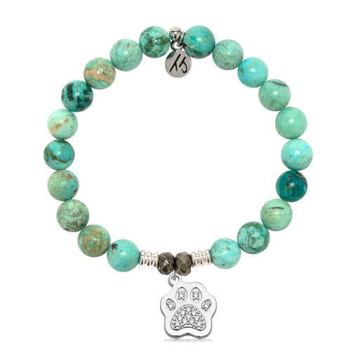 Peruvian Turquoise Gemstone Bracelet with Paw CZ Sterling Silver Charm