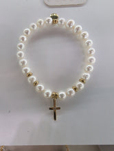 Load image into Gallery viewer, Gold Collection - Pearl Gemstone Bracelet with Cross CZ Gold Charm
