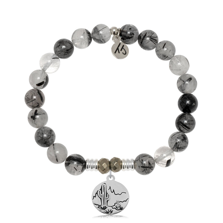 Rutilated Quartz Gemstone Bracelet with Cactus Sterling Silver Charm