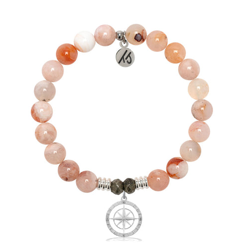 Sakura Agate Stone Bracelet with Compass Rose Sterling Silver Charm