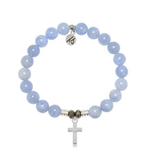 Load image into Gallery viewer, Sky Blue Jade Gemstone Bracelet with Cross Sterling Silver Charm
