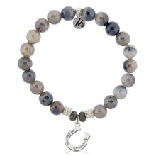 Load image into Gallery viewer, Storm Agate Gemstone Bracelet with Lucky Horseshoe CZ Sterling Silver Charm
