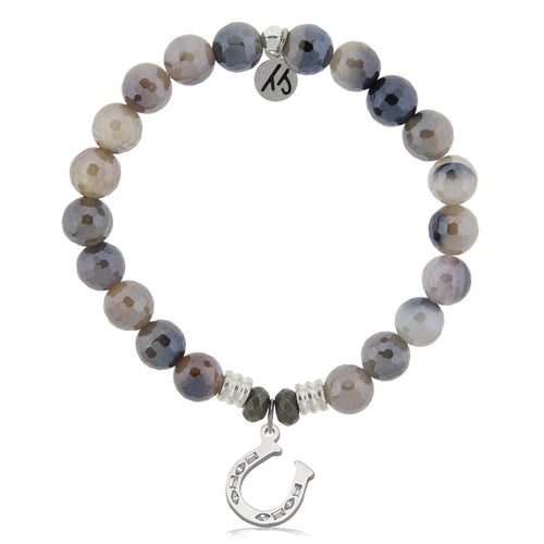 Storm Agate Gemstone Bracelet with Lucky Horseshoe CZ Sterling Silver Charm