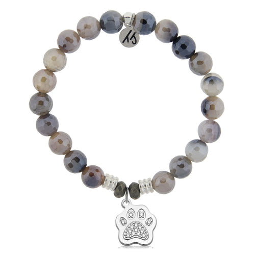 Storm Agate Gemstone Bracelet with Paw CZ Sterling Silver Charm
