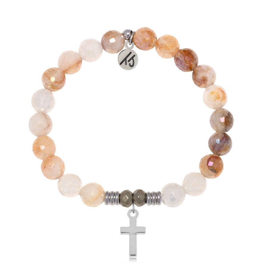 Sunset Quartz Stone Bracelet with Cross Sterling Silver Charm