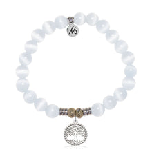Load image into Gallery viewer, White Cats Eye Gemstone Bracelet with Family Tree Sterling Silver Charm
