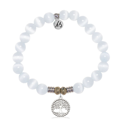 White Cats Eye Gemstone Bracelet with Family Tree Sterling Silver Charm