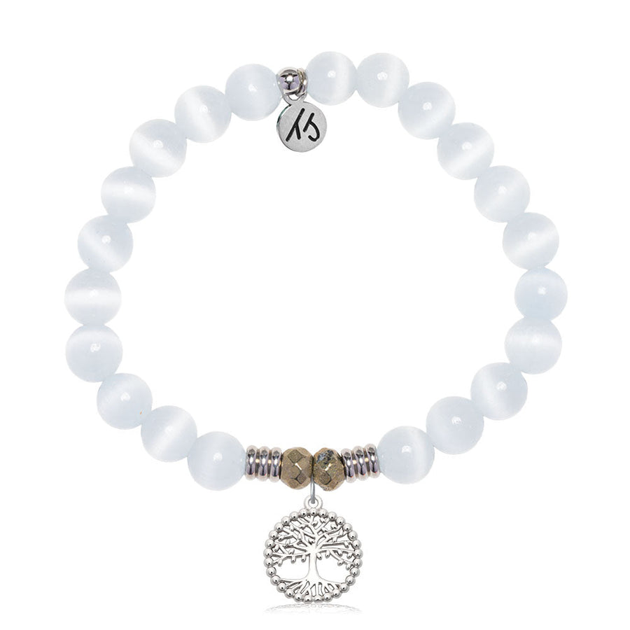 White Cats Eye Gemstone Bracelet with Family Tree Sterling Silver Charm