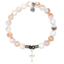 Load image into Gallery viewer, White Natural Agate Gemstone Bracelet with Cross CZ Sterling Silver Charm
