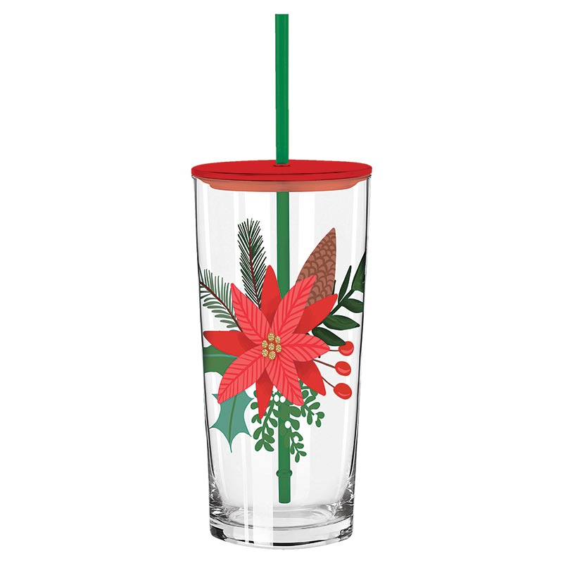 Thimblepress/Slant Glass Tumbler with Straw - Poinsettia