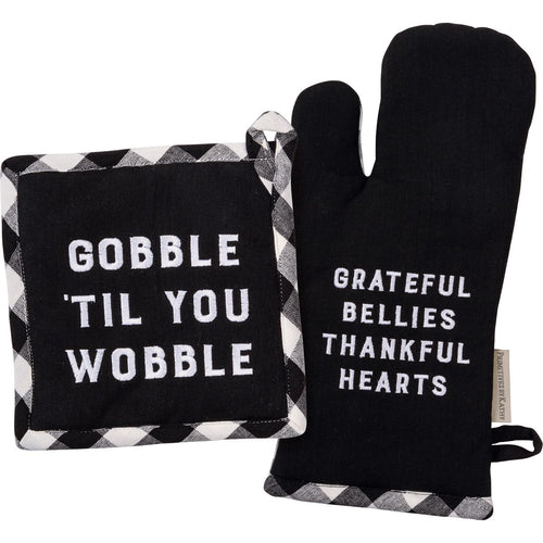Oven Mitt and Potholder Kitchen Set - Grateful Bellies Thankful Hearts