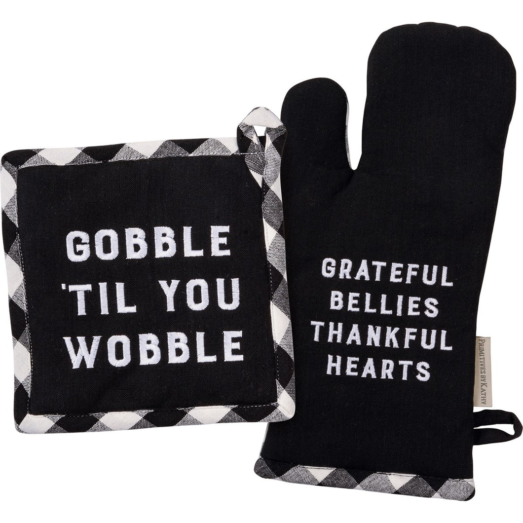 Oven Mitt and Potholder Kitchen Set - Grateful Bellies Thankful Hearts