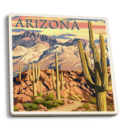 Ceramic Coaster - Arizona Desert Cactus Trail Scene at Sunset
