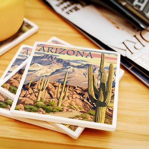 Ceramic Coaster - Arizona Desert Cactus Trail Scene at Sunset