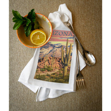Load image into Gallery viewer, Arizona, Desert Cactus Trail Scene at Sunset Tea Towel
