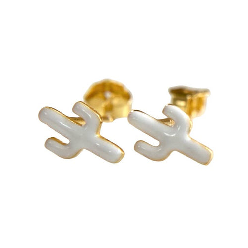 White Mini Cactus Stud Earrings - 925 Sterling Silver w/14 yellow gold plating