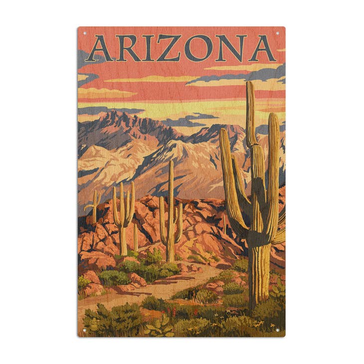Wood Sign - Arizona Desert Cactus Trail Scene at Sunset - 6x9