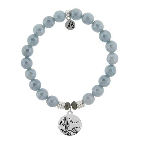 Blue Quartzite Stone Bracelet with Cactus Sterling Silver Charm