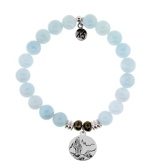 Blue Aquamarine Stone Bracelet with Cactus Sterling Silver Charm