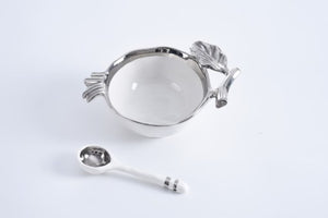 The Pomegranate Set - White Bowl with Silver Rim and Spoon