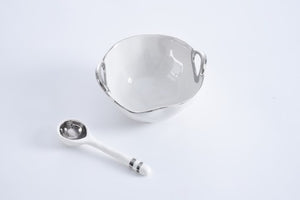 The Round Handles Set - White Bowl w/Silver Trim and Spoon