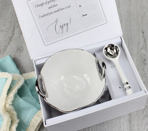 The Round Handles Set - White Bowl w/Silver Trim and Spoon