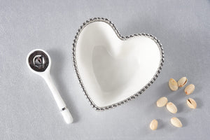 The Beaded Heart Set - White Bowl with Silver Rim and Spoon