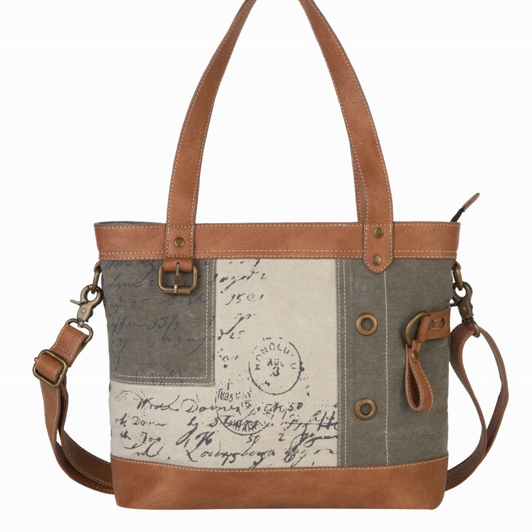 Vintage Script Up-cycled and Re-cycled Canvas Tote/Shoulder/Cross-body Bag with Vegan Leather Trim