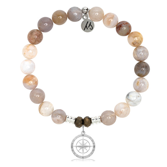 Australian Agate Stone Bracelet with Compass Rose Sterling Silver Charm