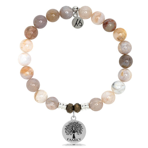 Australian Agate Stone Bracelet with Family Tree Circle Sterling Silver Charm