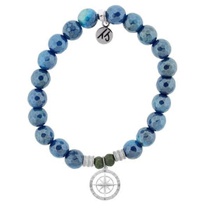 Blue Agate Stone Bracelet with Compass Rose Sterling Silver Charm
