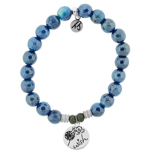 Blue Agate Stone Bracelet with Wish Sterling Silver Charm