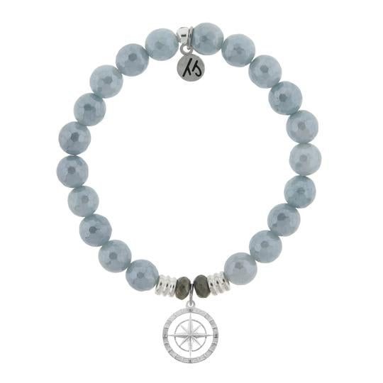 Blue Quartzite Stone Bracelet with Compass Rose Sterling Silver Charm