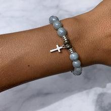 Load image into Gallery viewer, Blue Quartzite Stone Bracelet with Cross Sterling Silver Charm
